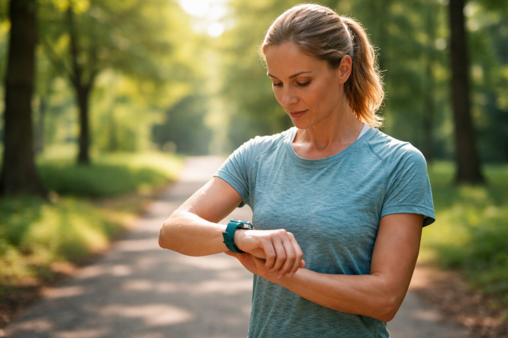 female runner checking watch park path natural light relaxed focused easy pace effort