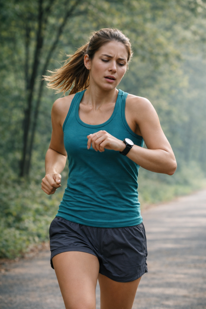 female runner checking watch during run forest path natural light slight fatigue controlled effort