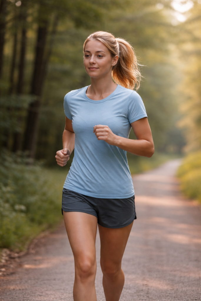 female runner jogging slowly forest path natural light relaxed pace controlled effort