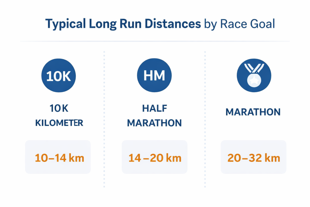 typical long run distances for 10k half marathon and marathon training