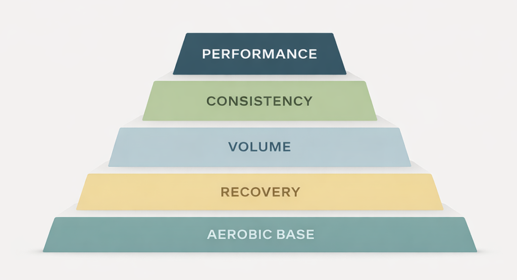 Layered diagram showing aerobic base, volume, consistency, and recovery building toward running performance